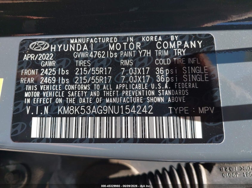 2022 Hyundai Kona VIN KM8K53AG9NU154242 IAAI salvage auction — RIGHT FRONT, Salvage Title, sold $6,300 on 2026-07-10 (photo 9)