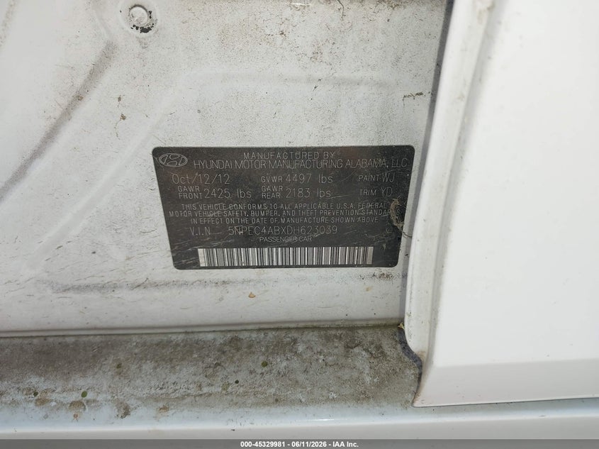 2013 Hyundai Sonata VIN 5NPEC4ABXDH623039 IAAI salvage auction — NORMAL WEAR, Clear - Dealer Only (California), sold $550 on 2026-07-07 (photo 9)