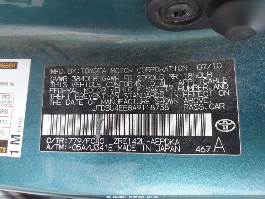 2010 Toyota Corolla VIN JTDBU4EE8A9118738 IAAI salvage auction — NORMAL WEAR, Clear (Virginia), sold $1,100 on 2026-07-07 (photo 9)