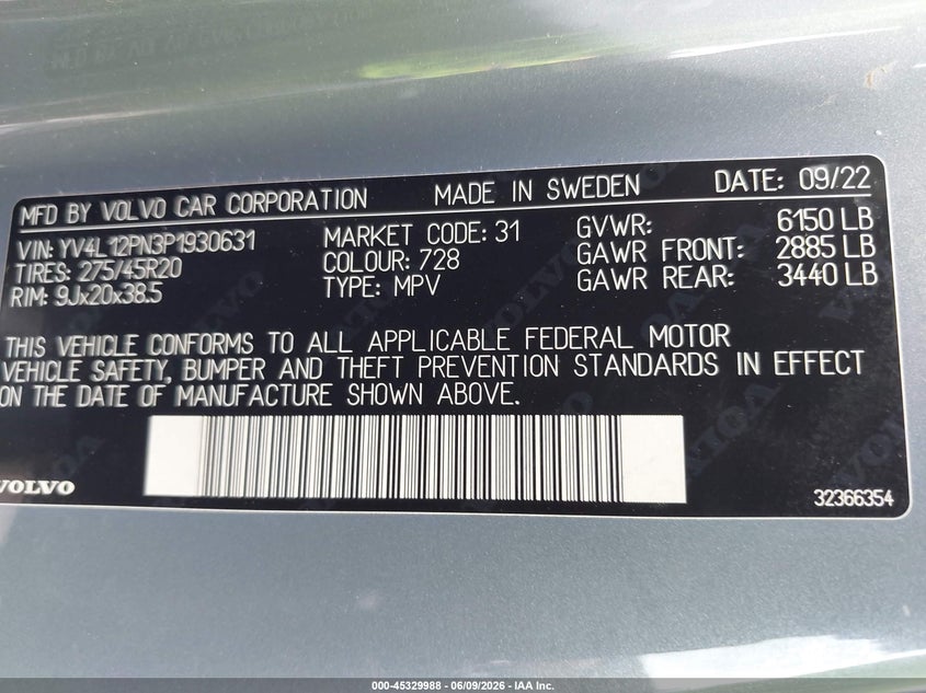 2023 Volvo Xc90 VIN YV4L12PN3P1930631 IAAI salvage auction — REAR END, Salvage Title, sold $15,000 on 2026-08-21 (photo 9)