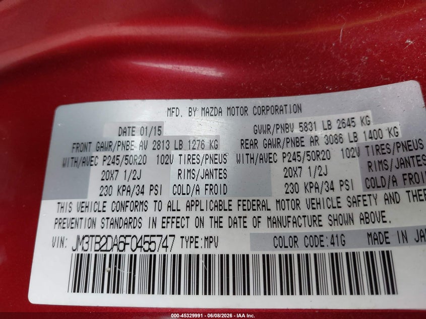 2015 Mazda Cx-9 VIN JM3TB2DA6F0455747 IAAI salvage auction — NORMAL WEAR, Clear (Tennessee), sold $1,300 on 2026-07-15 (photo 9)