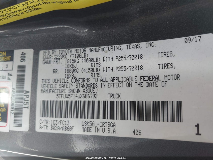 2018 Toyota Tundra VIN 5TFUW5F14JX686792 IAAI salvage auction — NORMAL WEAR, Original (Texas), sold $13,300 on 2026-07-15 (photo 9)