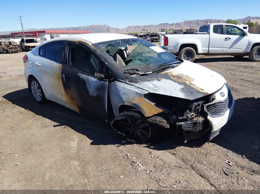 2014 Kia Forte VIN KNAFX4A89E5213022 IAAI salvage auction — EXTERIOR BURN, Salvage Title, sold $325 on 2026-07-14 (photo 1)