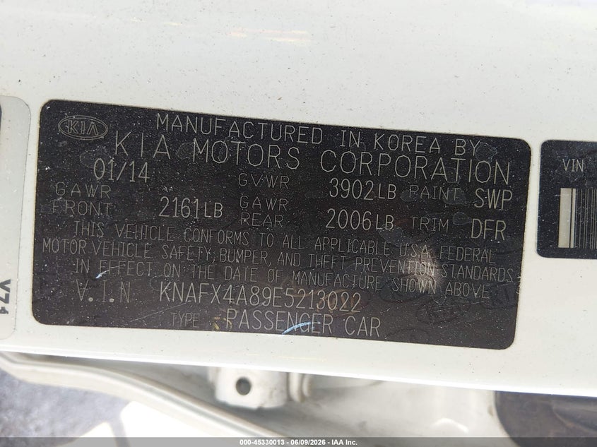 2014 Kia Forte VIN KNAFX4A89E5213022 IAAI salvage auction — EXTERIOR BURN, Salvage Title, sold $325 on 2026-07-14 (photo 9)