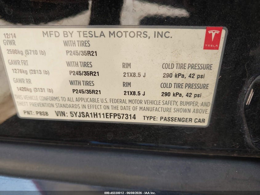 2014 Tesla Model s VIN 5YJSA1H11EFP57314 IAAI salvage auction — NORMAL WEAR, Clear (Arizona), sold $25 on 2026-07-23 (photo 9)