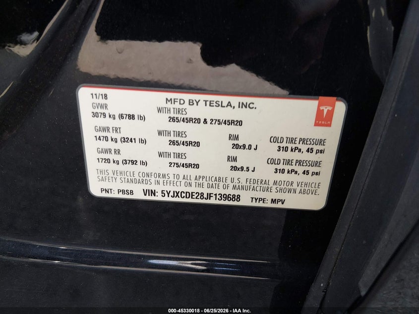 2018 Tesla Model x VIN 5YJXCDE28JF139688 IAAI salvage auction — RIGHT SIDE, Clear (Montana), sold $25 on 2026-07-27 (photo 9)