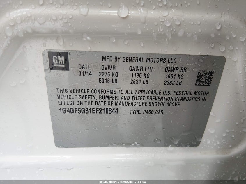 2014 Buick Lacrosse VIN 1G4GF5G31EF210844 IAAI salvage auction — SIDE, Salvage (Mississippi), sold $1,400 on 2026-07-10 (photo 9)