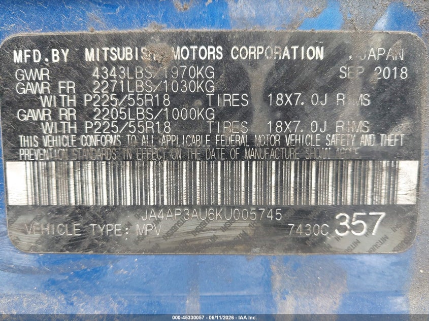 2019 Mitsubishi Outlander sport VIN JA4AP3AU6KU005745 IAAI salvage auction — FRONT END, Original (Texas), sold $1,650 on 2026-07-13 (photo 9)