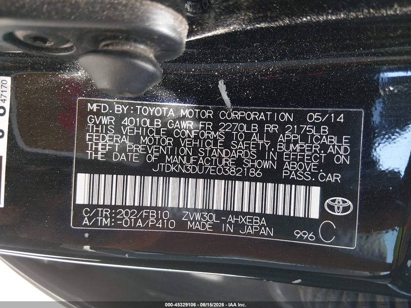 2014 Toyota Prius VIN JTDKN3DU7E0382186 IAAI salvage auction — LEFT REAR, Salvage (California), sold $2,100 on 2026-07-23 (photo 9)
