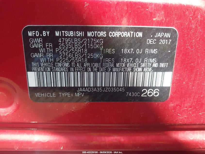 2018 Mitsubishi Outlander VIN JA4AD3A35JZ035045 IAAI salvage auction — FRONT END, Salvage Title, sold $1,950 on 2026-07-12 (photo 9)