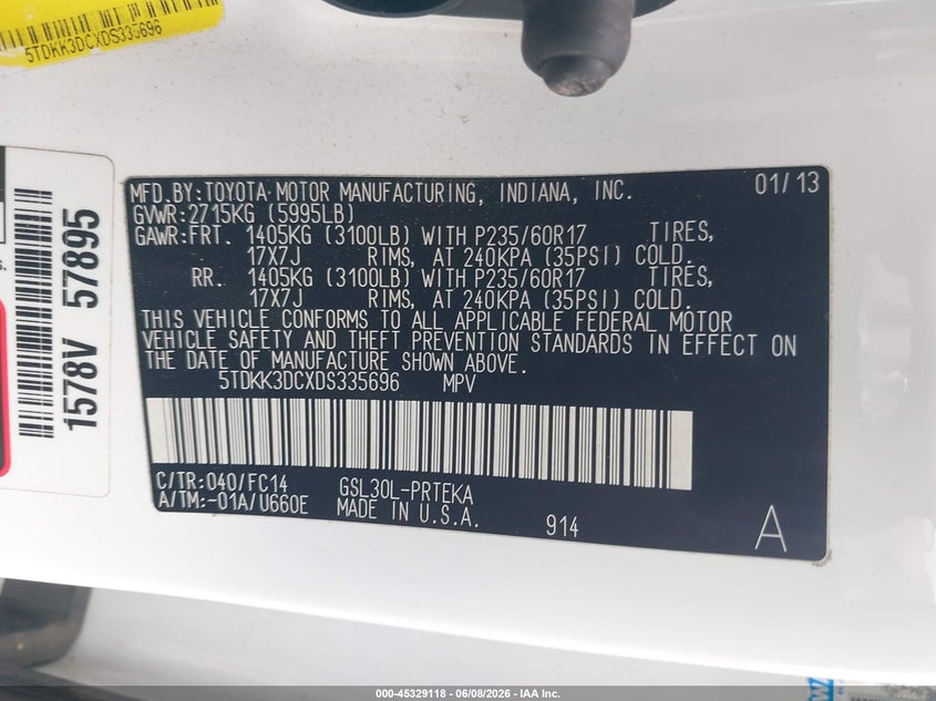 2013 Toyota Sienna VIN 5TDKK3DCXDS335696 IAAI salvage auction — FRONT END, Salvage Title, sold $1,000 on 2026-07-08 (photo 9)