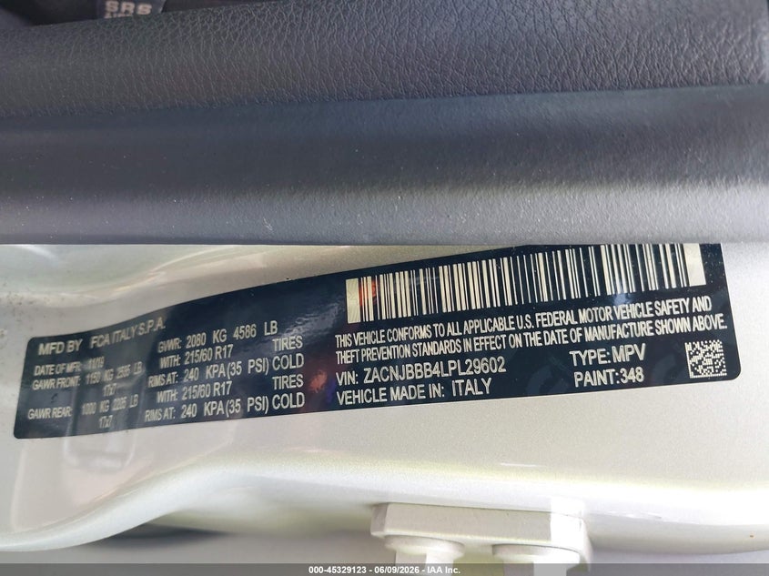 2020 Jeep Renegade VIN ZACNJBBB4LPL29602 IAAI salvage auction — HAIL, Salvage Title, sold $375 on 2026-07-28 (photo 9)