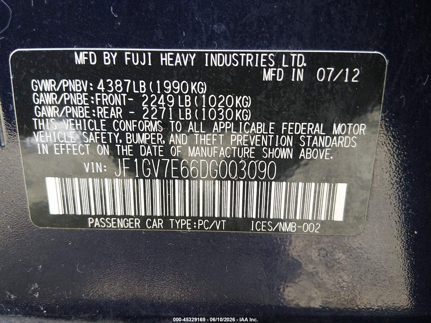 2013 Subaru Impreza wrx VIN JF1GV7E66DG003090 IAAI salvage auction — LEFT REAR, Salvage (Oregon), sold $1,550 on 2026-07-27 (photo 9)