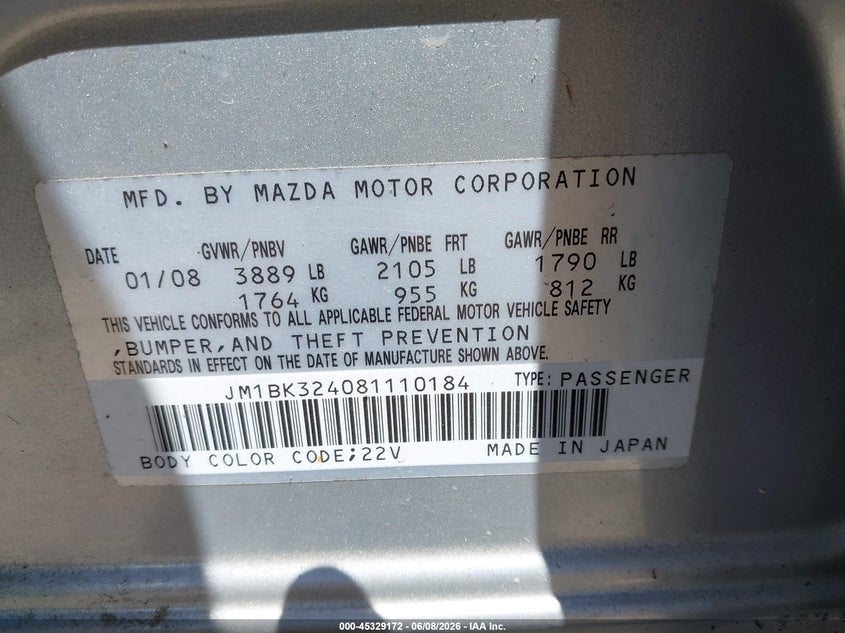 2008 Mazda 3 VIN JM1BK324081110184 IAAI salvage auction — NORMAL WEAR, Clear (Massachusetts), sold $400 on 2026-07-14 (photo 9)