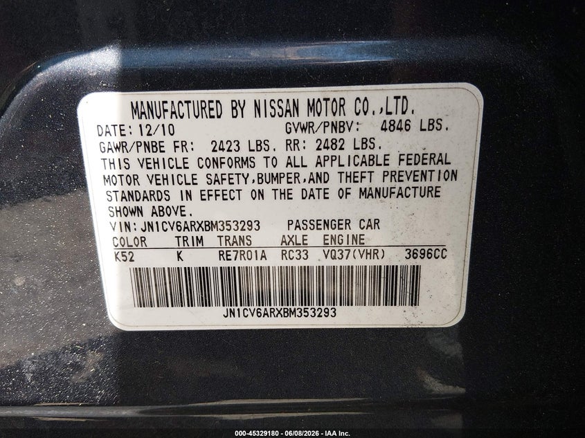2011 Infiniti G VIN JN1CV6ARXBM353293 IAAI salvage auction — NORMAL WEAR, Clear (Virginia), sold $350 on 2026-07-14 (photo 9)