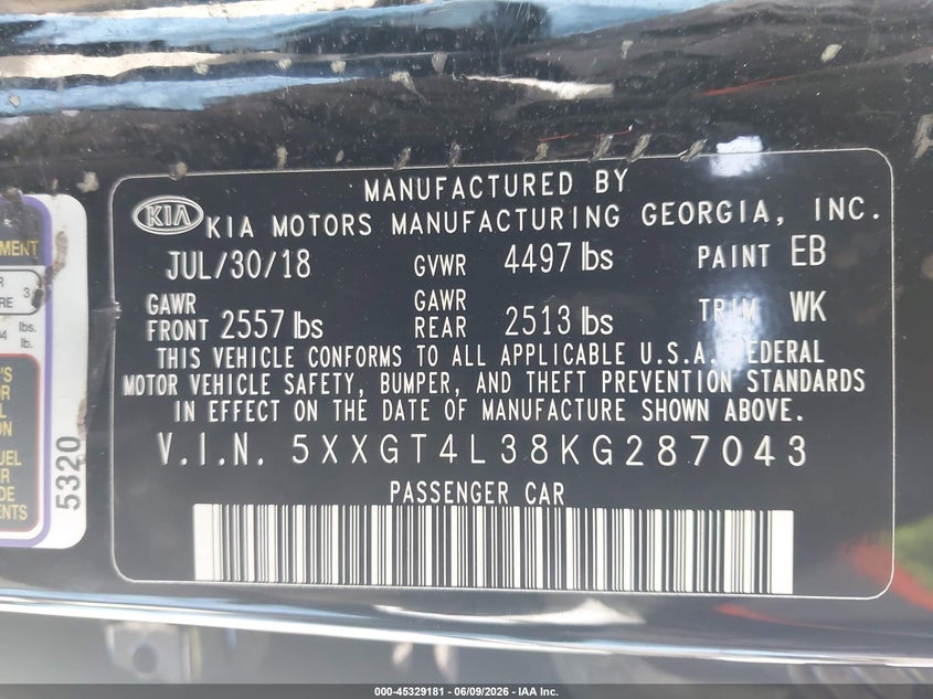 2019 Kia Optima VIN 5XXGT4L38KG287043 IAAI salvage auction — RIGHT REAR, Salvage Title, sold $1,850 on 2026-07-08 (photo 9)