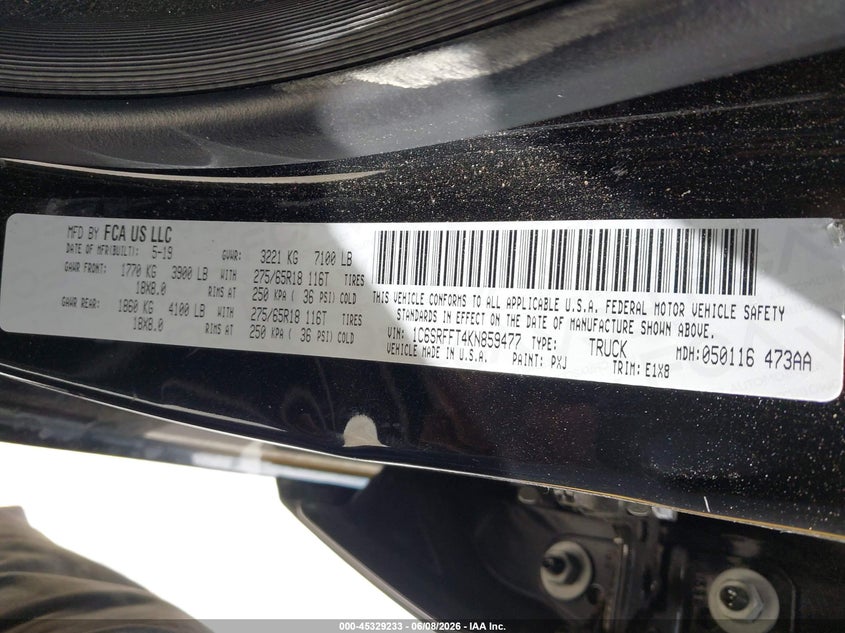 2019 Ram 1500 VIN 1C6SRFFT4KN859477 IAAI salvage auction — FRONT END, Salvage (California), sold $10,750 on 2026-07-30 (photo 9)