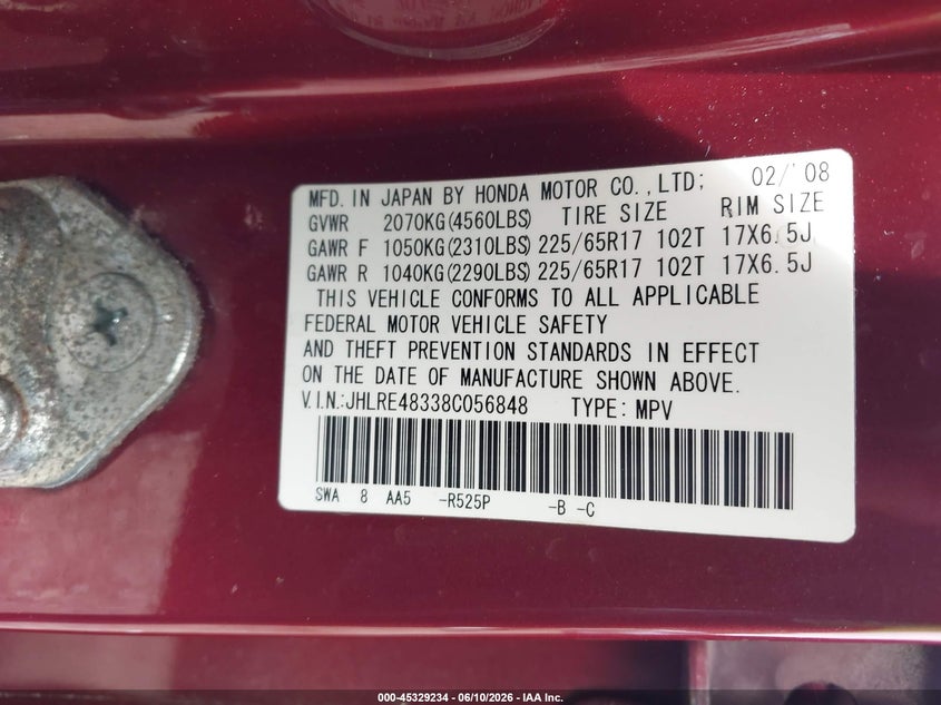 2008 Honda Cr-v VIN JHLRE48338C056848 IAAI salvage auction — FRONT END, Salvage (South Carolina), sold $1,700 on 2026-07-29 (photo 9)