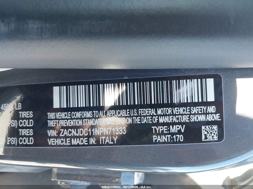 2022 Jeep Renegade VIN ZACNJDC11NPN71333 IAAI salvage auction — VANDALISM, Salvage (Iowa), sold $525 on 2026-07-28 (photo 9)