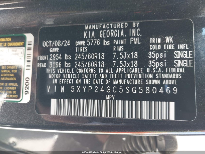 2025 Kia Telluride VIN 5XYP24GC5SG580469 IAAI salvage auction — FRONT END, Salvage (California), sold $3,050 on 2026-07-28 (photo 9)