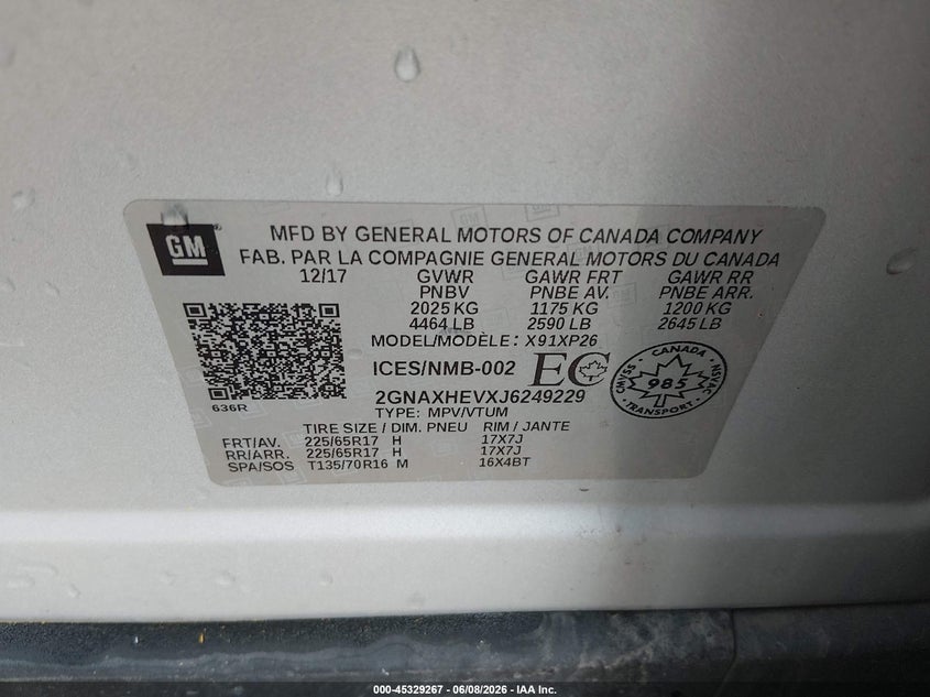 2018 Chevrolet Equinox VIN 2GNAXHEVXJ6249229 IAAI salvage auction — LEFT SIDE, Salvage Title, sold $1,550 on 2026-07-19 (photo 9)
