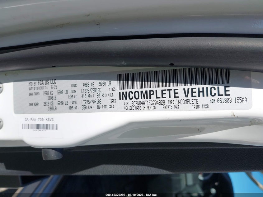 2015 Ram 2500 VIN 3C7WR4AT1FG704828 IAAI salvage auction — NORMAL WEAR, Sf97 (California), sold $7,600 on 2026-07-28 (photo 9)