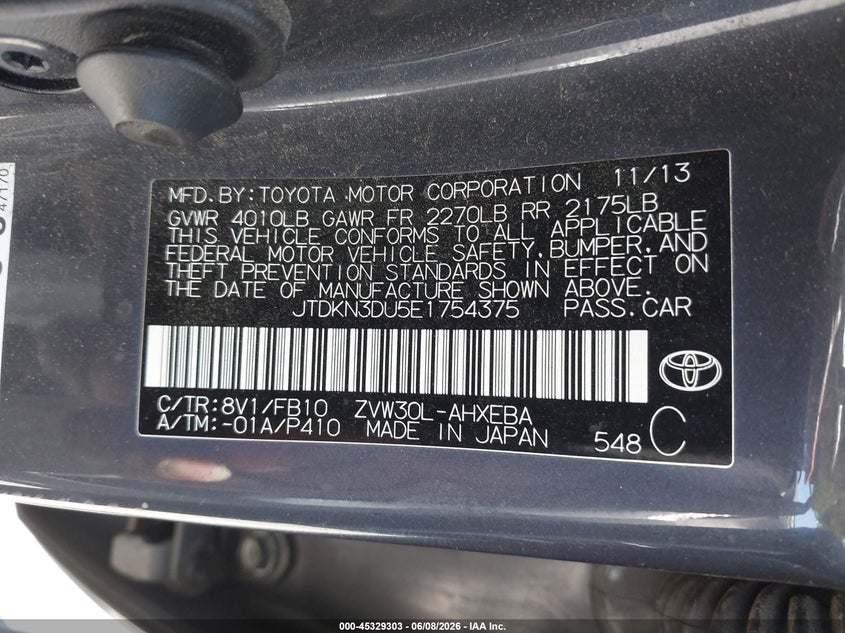 2014 Toyota Prius VIN JTDKN3DU5E1754375 IAAI salvage auction — REAR END, Salvage (California), sold $2,850 on 2026-07-22 (photo 9)