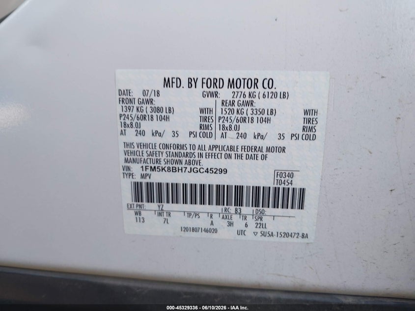 2018 Ford Explorer VIN 1FM5K8BH7JGC45299 IAAI salvage auction — NORMAL WEAR, Sf97 (California), sold $8,400 on 2026-07-28 (photo 9)