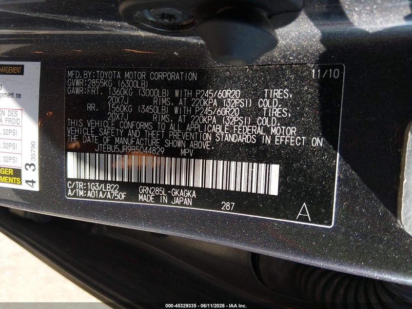 2011 Toyota 4runner VIN JTEBU5JR9B5044829 IAAI salvage auction — FRONT & REAR, Salvage (Tennessee), sold $6,900 on 2026-07-09 (photo 9)