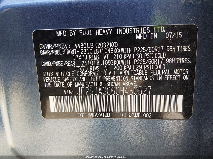2016 Subaru Forester VIN JF2SJAGC6GH430527 IAAI salvage auction — NORMAL WEAR, Clear (Massachusetts), sold $600 on 2026-07-15 (photo 9)