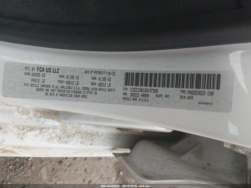 2016 Chrysler 200 VIN 1C3CCCAB1GN147399 IAAI salvage auction — FRONT END, Salvage (Mississippi), sold $275 on 2026-07-09 (photo 9)