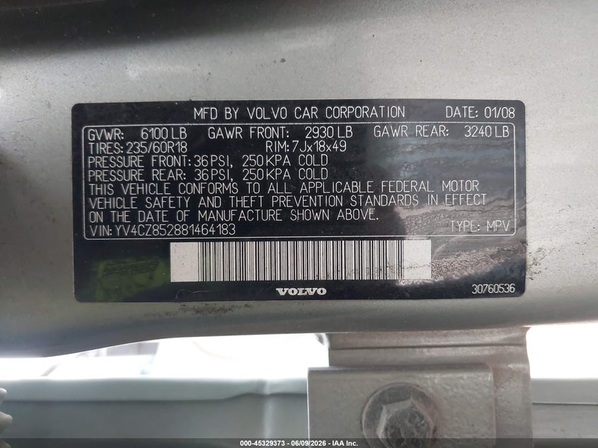 2008 Volvo Xc90 VIN YV4CZ852881464183 IAAI salvage auction — FRONT END, Clear (Montana), sold $25 on 2026-07-29 (photo 9)
