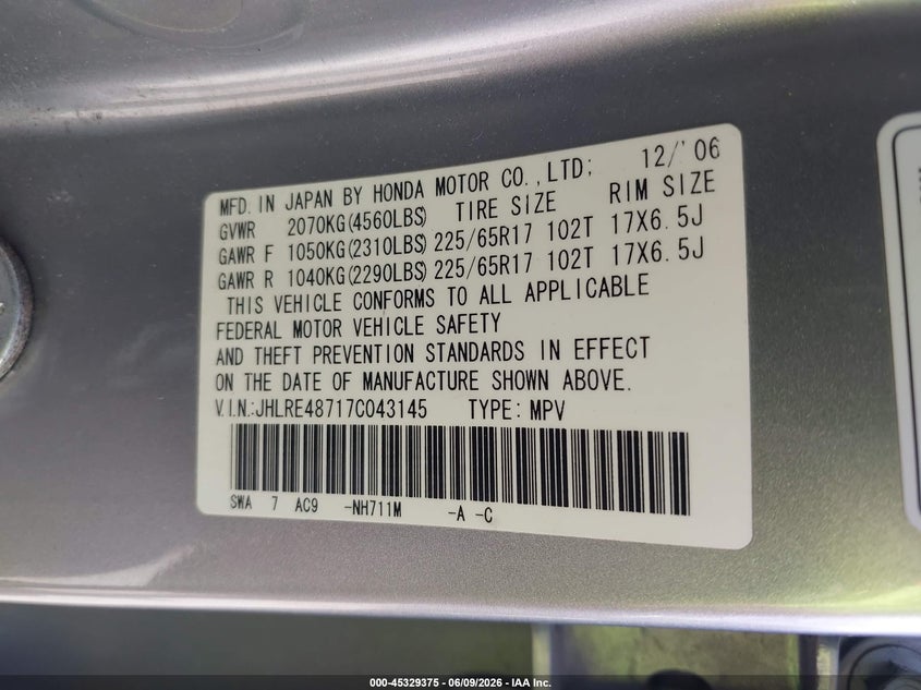 2007 Honda Cr-v VIN JHLRE48717C043145 IAAI salvage auction — FRONT END, Salvage (Oklahoma), sold $1,050 on 2026-07-15 (photo 9)