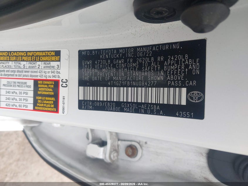 2022 Toyota Avalon VIN 4T1GZ1FB1NU084277 IAAI salvage auction — FRONT & REAR, Salvage Title, sold $10,200 on 2026-08-20 (photo 9)