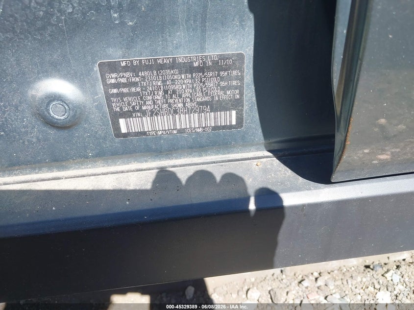2011 Subaru Forester VIN JF2SHBDC3BH729794 IAAI salvage auction — UNKNOWN, Bill Of Sale (New York), sold $425 on 2026-07-14 (photo 9)