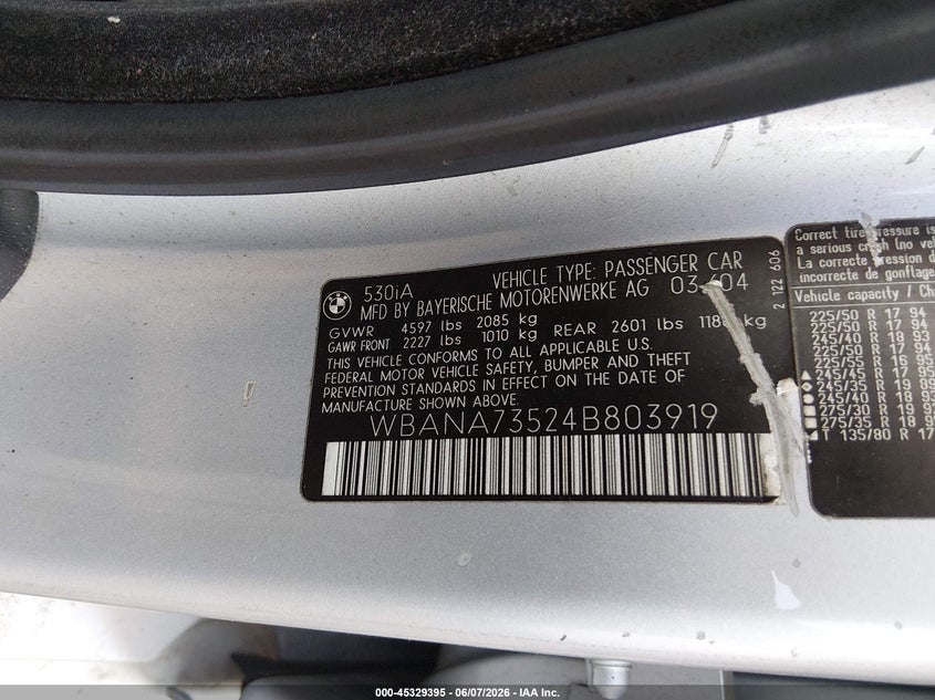 2004 BMW 5 series VIN WBANA73524B803919 IAAI salvage auction — FRONT & REAR, Bill Of Sale (New York), sold $450 on 2026-07-14 (photo 9)