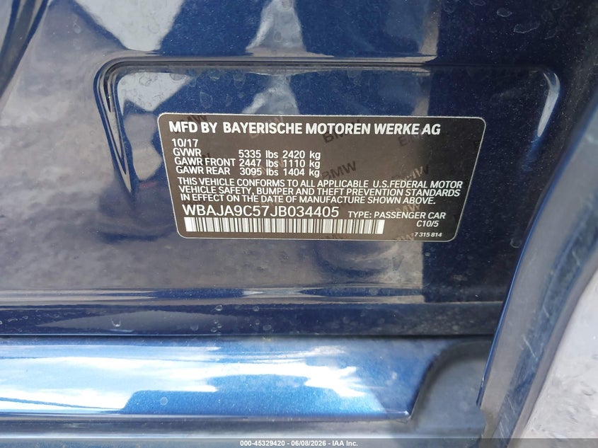 2018 BMW 5er VIN WBAJA9C57JB034405 IAAI salvage auction — REAR END, Salvage (California), sold $4,700 on 2026-08-02 (photo 9)