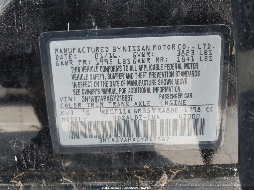2016 Nissan Sentra VIN 3N1AB7APXGY218887 IAAI salvage auction — NORMAL WEAR, Salvage Title, sold $900 on 2026-07-09 (photo 9)