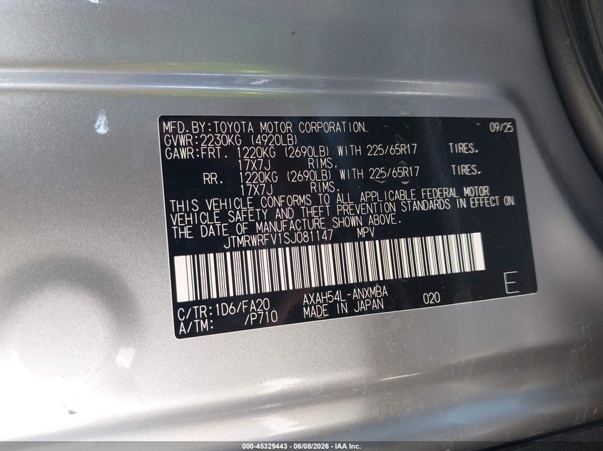 2025 Toyota Rav 4 VIN JTMRWRFV1SJ081147 IAAI salvage auction — REAR END, Salvage Title, sold $13,900 on 2026-07-21 (photo 9)