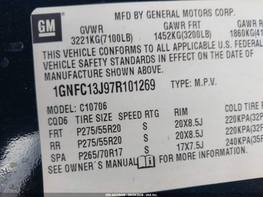 2007 Chevrolet Tahoe VIN 1GNFC13J97R101269 IAAI salvage auction — FRONT END, Salvage (California), sold $1,550 on 2026-07-09 (photo 9)