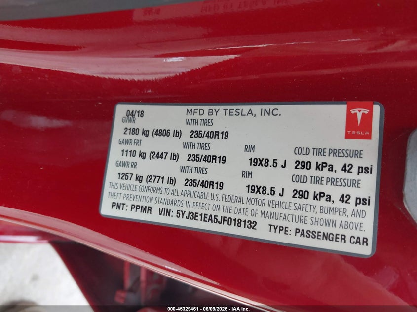 2018 Tesla Model 3 VIN 5YJ3E1EA5JF018132 IAAI salvage auction — FRONT & REAR, Salvage Title, sold $2,750 on 2026-07-09 (photo 9)