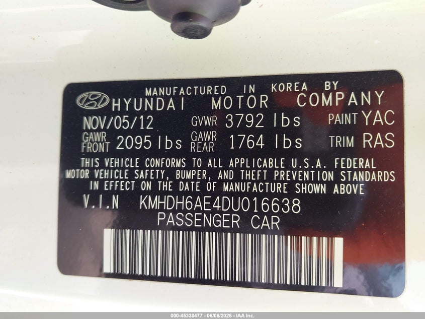 2013 Hyundai Elantra VIN KMHDH6AE4DU016638 IAAI salvage auction — NORMAL WEAR, Clear (Michigan), sold $650 on 2026-07-16 (photo 9)