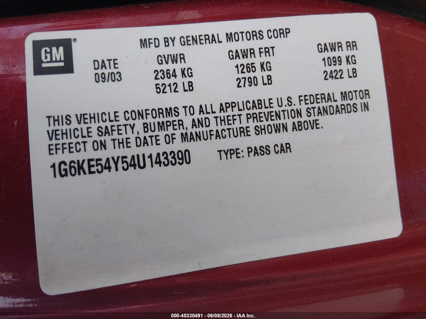 2004 Cadillac Deville VIN 1G6KE54Y54U143390 IAAI salvage auction — NORMAL WEAR, Clear (Colorado), sold $425 on 2026-07-24 (photo 9)