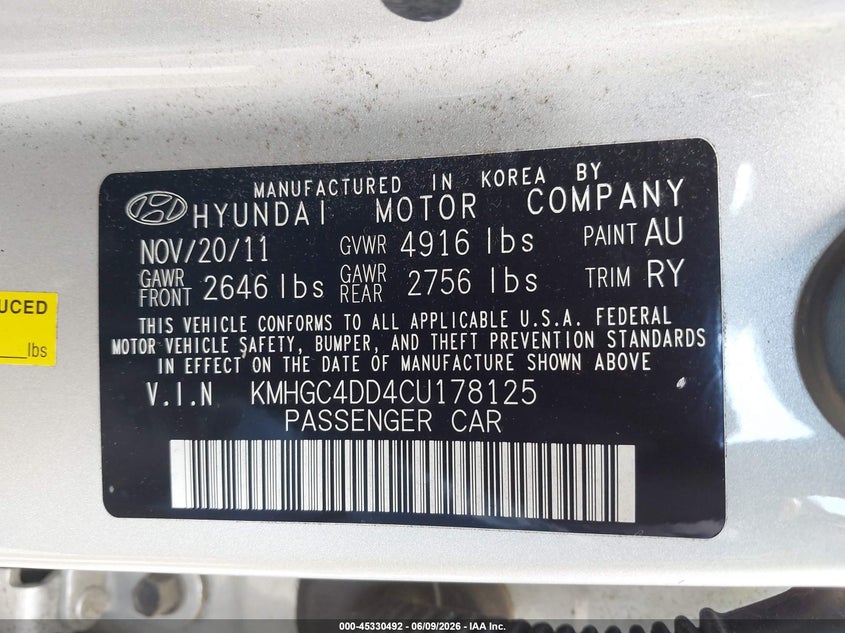 2012 Hyundai Genesis VIN KMHGC4DD4CU178125 IAAI salvage auction — NORMAL WEAR, Salvage Title, sold $475 on 2026-07-15 (photo 9)
