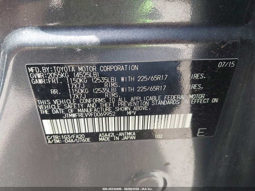 2015 Toyota Rav 4 VIN JTMWFREV9FD069952 IAAI salvage auction — FRONT END, Salvage Title, sold $2,775 on 2026-07-16 (photo 9)