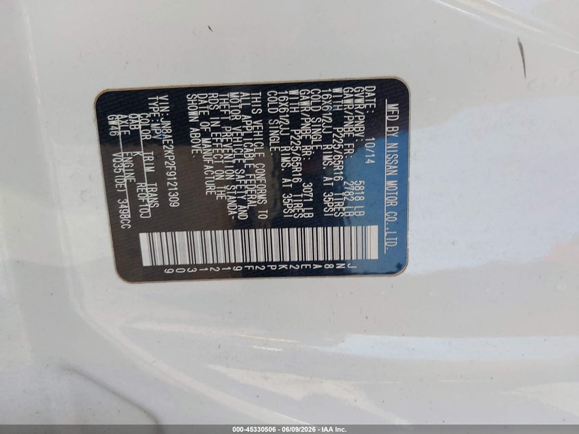 2015 Nissan Quest VIN JN8AE2KP2F9121309 IAAI salvage auction — HAIL, Salvage Title, sold $1,200 on 2026-07-27 (photo 9)