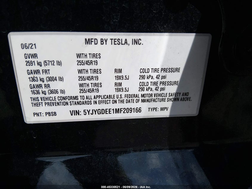 2021 Tesla Model y VIN 5YJYGDEE1MF209166 IAAI salvage auction — SIDE, Salvage (South Carolina), sold $7,700 on 2026-07-22 (photo 9)