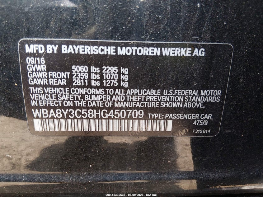 2017 BMW 3er VIN WBA8Y3C58HG450709 IAAI salvage auction — NORMAL WEAR, Clear (Maryland), sold $2,700 on 2026-07-15 (photo 9)