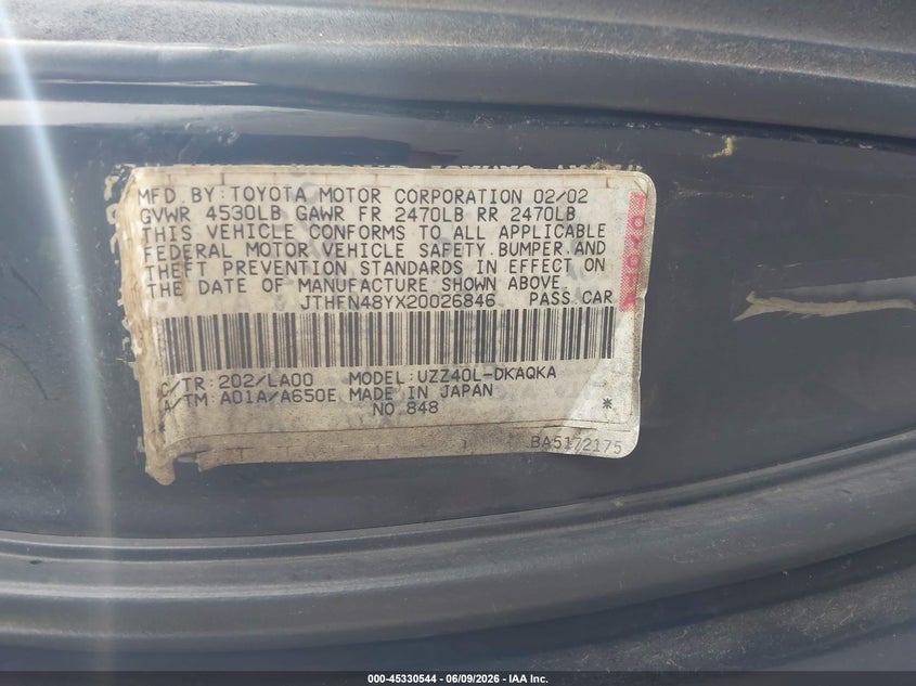 2002 Lexus Sc 430 VIN JTHFN48Y520034949 IAAI salvage auction — SIDE, Clear (Florida), sold $475 on 2026-07-29 (photo 9)