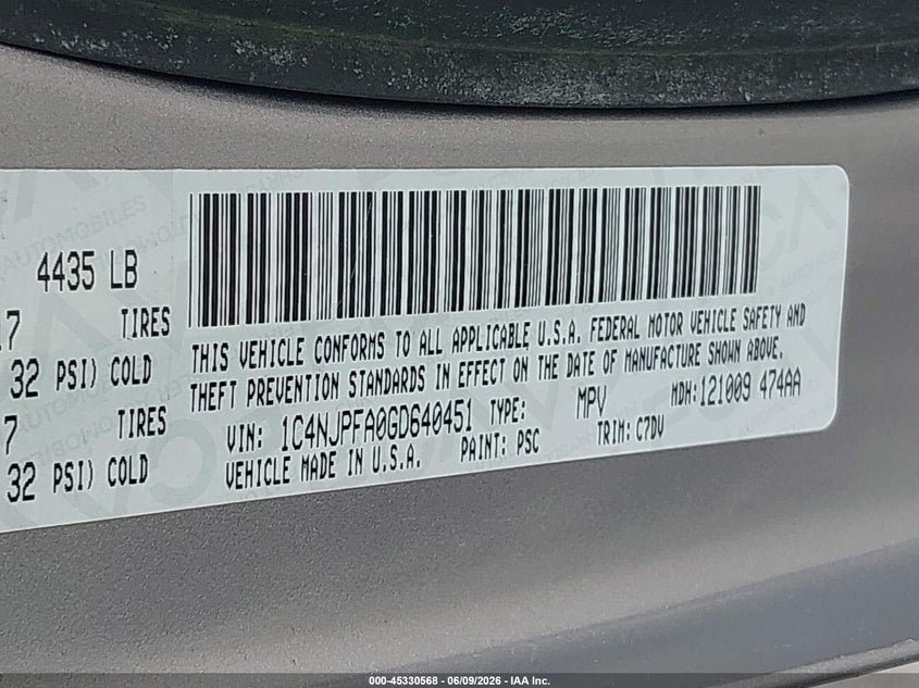 2016 Jeep Liberty (patriot) VIN 1C4NJPFA0GD640451 IAAI salvage auction — SIDE, Original (Texas), sold $1,100 on 2026-07-24 (photo 9)